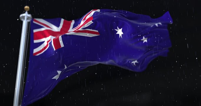 Australia Flag Waving with rain and snow in the night. Loop