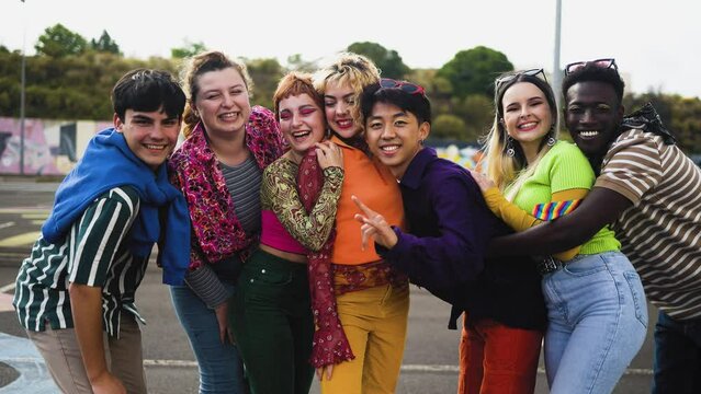 Happy young diverse friends having fun hanging out together - Youth people millennial generation concept	