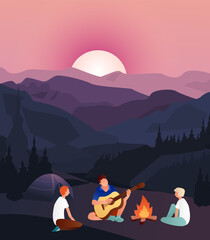 Summer camp, boy playing guitar. Friends near campfire with tent. Summertime vacation, camping, traveling, trip, hiking activities. Editable vector illustration