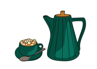Vector illustration of a hand drawn green kettle and cocoa with marshmallows isolated on a white background.
