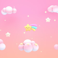 3d rendered kawaii stars in the soft pastel pink and orange gradient color sky.