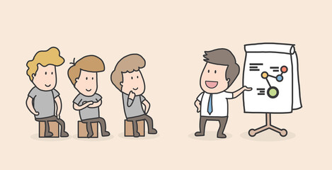 Business meeting. Flat people on presentation conference. Businessman at project strategy infographic. Team seminar vector concept