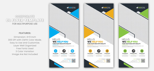 Abstract Corporate Business DL Flyer Rack Card Template Vector Design with Blue, Yellow, Green Color