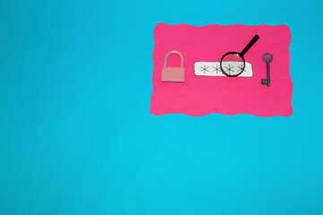 pink cloud with password, magnifying glass key and padlock on blue background, creative display of security and strong passwords