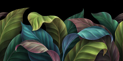 Fototapety  Tropical leaves in green, blue, pink bright color. Seamless border, luxury wallpaper, premium mural. Floral pattern on dark background. Hand-drawn 3d illustration. Modern stylish design, beautiful art