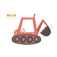 Children's excavator with the words VRUMM. Vector children's print for clothes, covers, backpacks, underwear