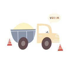 Children's sand truck with the words VROOM. Vector children's print for clothes, covers, backpacks, underwear.