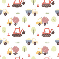 Hand drawn seamless childish simple pattern with concrete mixer and excavator. Childish seamless pattern with construction equipment. Texture for baby fabric, boho and scandinavian style. Vector.