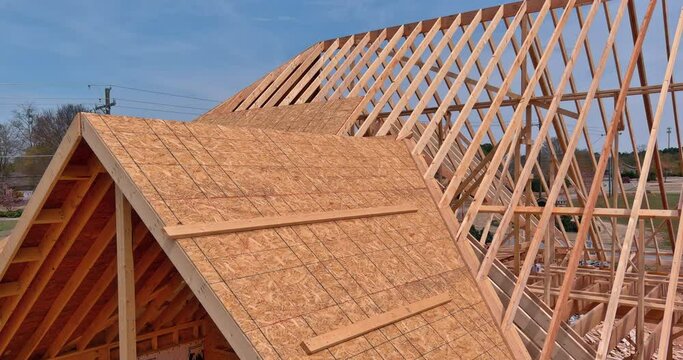 Framed home roof system with wooden timber beams roofing atic ceiling
