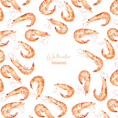 Greeting card with watercolor illustrated prawns