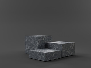 Three Black marble podium block on dark background for display and show product presentation concept by 3d render illustration.