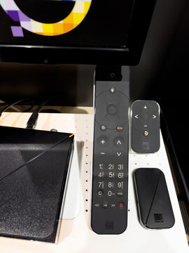 Lyon France - Nov 19, 2021: Close-up of remote control Internet TV set-box of Orange TV telecom Livebox 5