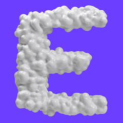 Letter E made of milk bubbles and splashes, isolated on blue background, 3d rendering