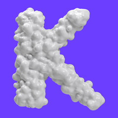 Letter K made of milk bubbles and splashes, isolated on blue background, 3d rendering