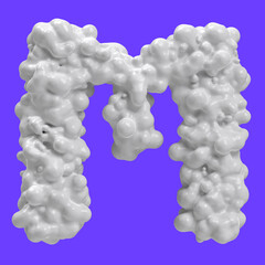 Letter M made of milk bubbles and splashes, isolated on blue background, 3d rendering