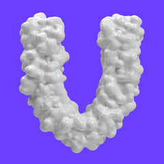 Letter V made of milk bubbles and splashes, isolated on blue background, 3d rendering