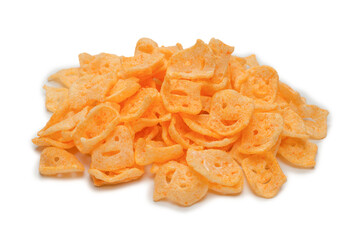 Crispy salted snacks on white background.