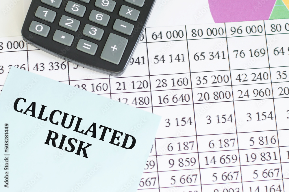 Poster business concept. calculated risk text on a holzboy card on the background of reports and charts on 