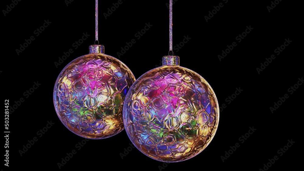 Aufkleber realistic looping 3d animation of two hanging spinning fancy textured iridescent golden christmas ba