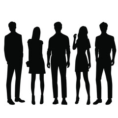 Vector silhouettes of  men and a women, a group of standing   business people, profile, black  color isolated on white background