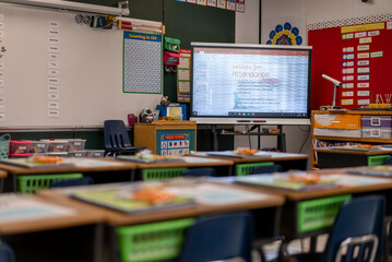 View of empty elementary school classroom in the US.