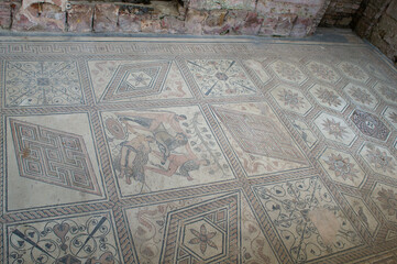 Ancient roman floor mosaic with mythological scene, called The Punishment of Dirce, found in Pula,...