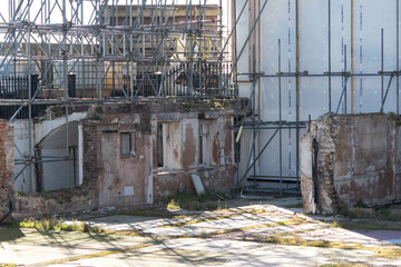 derelict building with scaffolding