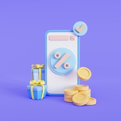 Phone with an empty white screen with coin.  with discounts. gift. 3d  illustration