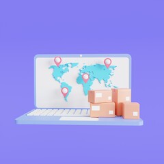 icon Laptop with the world map cardboard box with an app for online shopping, world map background, and Worldwide delivery tracking. 3D illustration