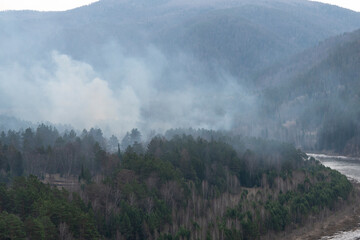 Smoke over the taiga forest. a forest fire begins