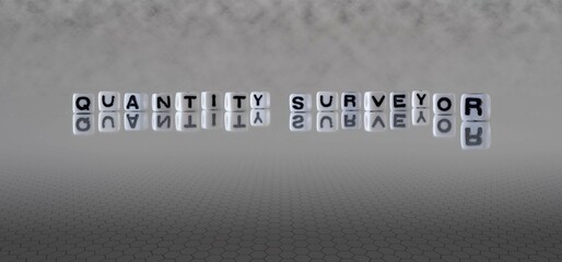 quantity surveyor word or concept represented by black and white letter cubes on a grey horizon...