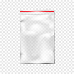 Clear plastic bag with zip lock on transparent background, realistic vector mockup. Empty zipper PVC vinyl package, mock-up