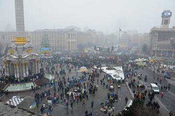 Huge crowd of people gathered on the square, mass demonstration. Revolution of Dignity, Majdan...