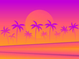 Fototapeta na wymiar Palm trees at sunset. Tropical palm landscape with gradient color. Summer time poster. Design for posters, banners and promotional items. Vector illustration