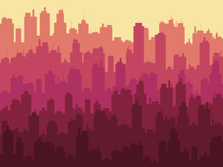 Fototapeta premium City at sunset. Summer heat in the city. The outlines of the construction of skyscrapers and city streets. City skyline for print, posters and promotional materials. Vector illustration