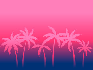 Palm trees at sunset. Silhouette of tropical palm trees on a gradient background. Summer time poster. Design for posters, banners and promotional items. Vector illustration