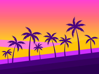 Palm trees at sunset. Tropical palm landscape with gradient color. Summer time poster. Design for posters, banners and promotional items. Vector illustration