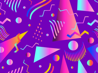 Memphis seamless pattern with geometric gradient shapes. Colorful geometric pattern in 80s style. Design for banners, promotional products and posters. Vector illustration