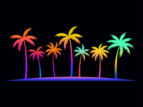 Silhouette of gradient palm trees in 80s style on a black background. Tropical palms isolated. Summer time. Design for posters, banners and promotional items. Vector illustration