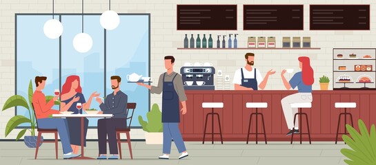 Cafe visitors. People in coffee house interior, friends sitting at table in restaurant, bar counter, waiter and customers. Men and women eating and drinking vector cartoon flat concept - obrazy, fototapety, plakaty