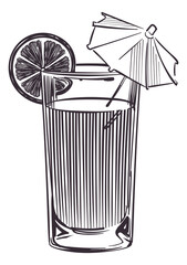 Cocktail glass with citrus slice and umbrella. Drink sketch