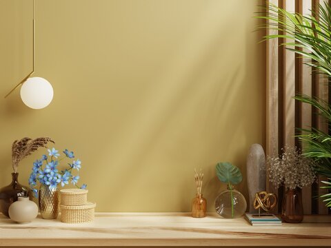 Shelf Mockup In Modern Empty Room,dark Yellow Wall.