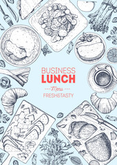 Business lunch top view frame. Food menu design. Vintage hand drawn sketch vector illustration.
