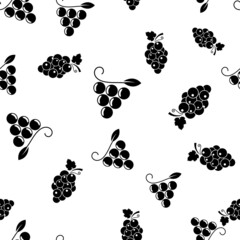 Fototapeta premium Bunch of grapes seamless pattern. Black sign wild berries and leaves on white background. Grapes flat icon. Design for print on fabric, wrapping paper, packaging with grapevine. Vector illustration