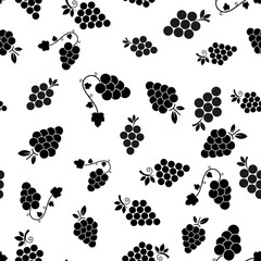 Bunch of grapes seamless pattern. Black sign wild berries and leaves on white background. Grapes flat icon. Design for print on fabric, wrapping paper, packaging with grapevine. Vector illustration