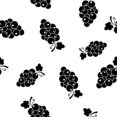 Bunch of grapes seamless pattern. Black sign wild berries and leaves on white background. Grapes flat icon. Design for print on fabric, wrapping paper, packaging with grapevine. Vector illustration