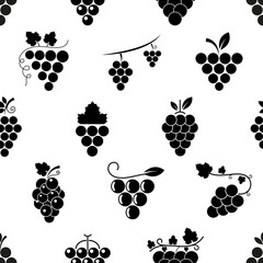 Seamless pattern with bunch of grapes. Black sign grape on white background. Berry flat icon. Modern design for print on fabric, wrapping paper, wallpaper, packaging. Vector illustration