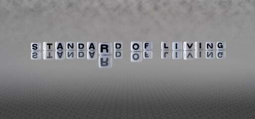 standard of living word or concept represented by black and white letter cubes on a grey horizon...