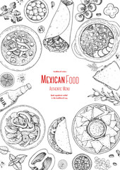 Mexican food top view frame. A set of classic mexican dishes with nachos, burritos, tacos, pozole . Food menu design template. Vintage hand drawn sketch vector illustration. Mexican cuisine.
