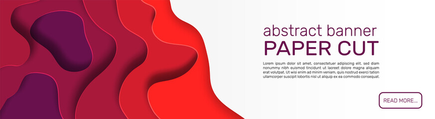 Paper cut banner. Red abstract paper shapes, wave layers with shadows, curved forms, web page with copy space template, minimal style papercut background, liquid surface vector illustration